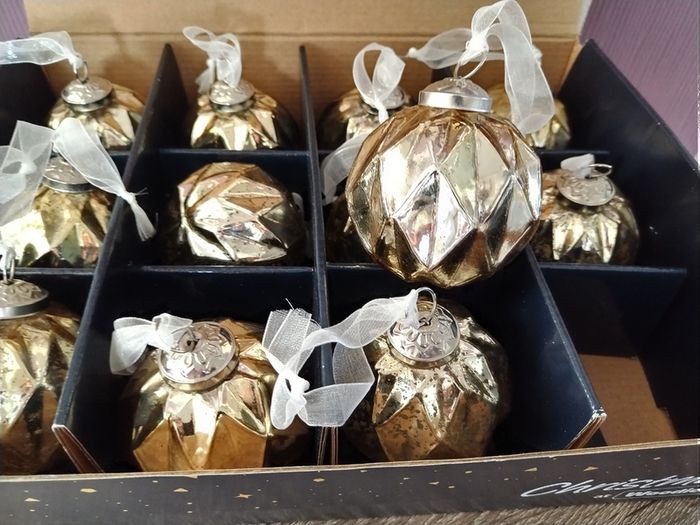 Box of x12 Gold Speckle Geometric Style Glass Christmas Baubles