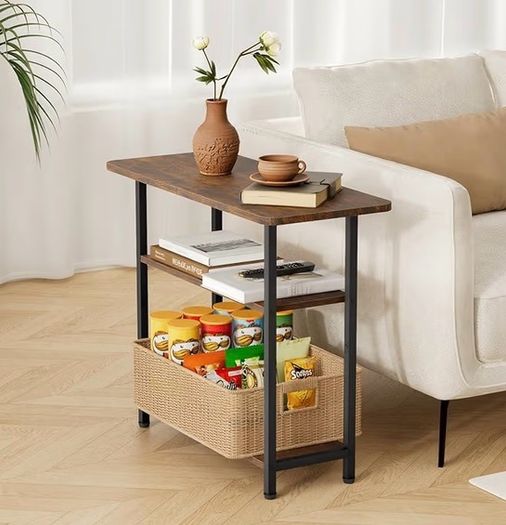 Sofa Side Table for Living Room, Narrow Side Table, 3-Tier End Table for Small Spaces with Wide Storage Tabletop, Slim Nightstand for Bedside, Bedroom, Couch, Rustic Brown