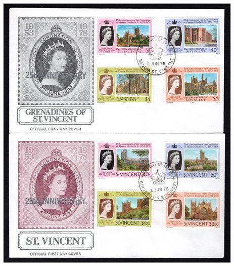 1978 St Vincent & The Grenadines of St Vincent 25th Anniversary of the Coronation of Queen Elizabeth II Pair of First Day Covers (FDC)