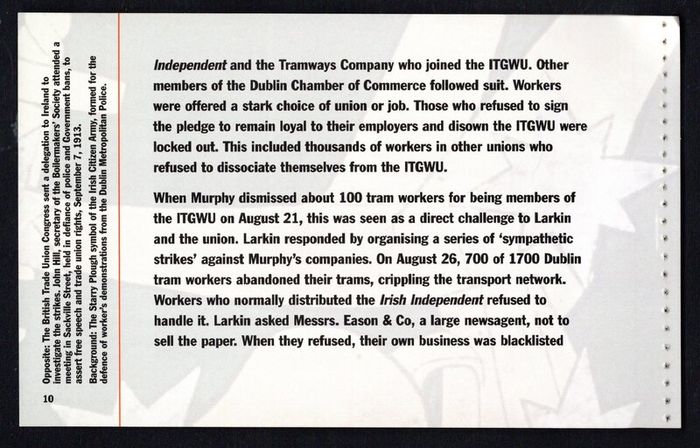 2013 Ireland Centenary of the General Lockout Commemorative Stamp Booklet Mint Never Hinged (MNH). Photos of contents shown.