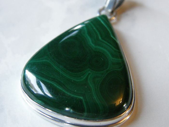 Large Modern Sterling Silver Malachite Teardrop Pendant 925 Hallmarked Birmingham 23.4g