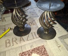 A Pair of Vintage twisted Wrought Iron Spiral Candlesticks with a Central Pillar Spike, Postage available or Collection