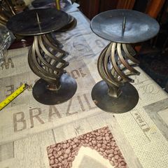 A Pair of Vintage twisted Wrought Iron Spiral Candlesticks with a Central Pillar Spike, Postage available or Collection