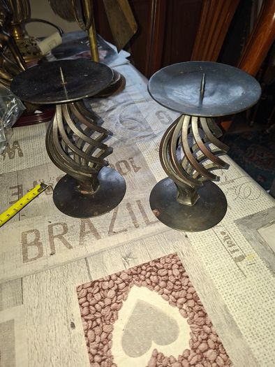 A Pair of Vintage twisted Wrought Iron Spiral Candlesticks with a Central Pillar Spike, Postage available or Collection