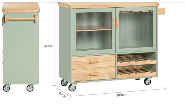 Kitchen Trolley with Wine Rack and Glass Holder Green Country Style Kitchen Island on Wheels Elegant Sideboard
