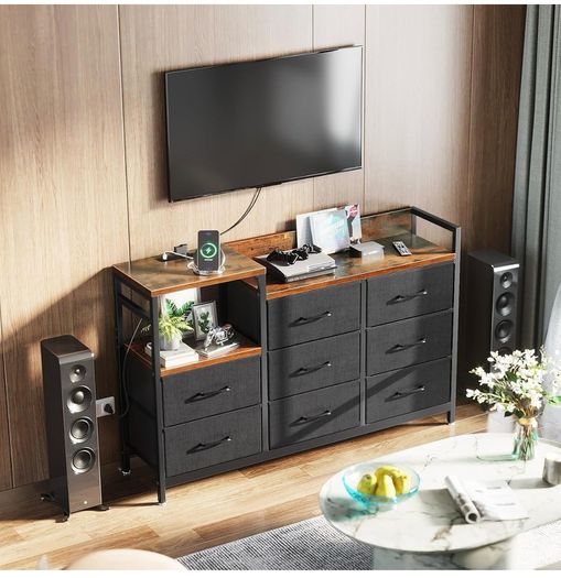Chest of Drawers Bedroom, 8 Fabric Drawers, Retro Color, 30x132x88cm Contains 2 USB & 2 AC Ports Sockets, Storage Dresser with 8 Fabric Drawers Suitable for Bedrooms, Living Rooms