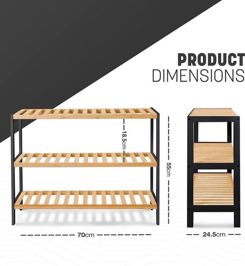 NEW SALE | 3 Tier Natural Bamboo Shoe Rack Easy Assembly & Strong Design Shelf Organiser Ideal for Bedroom,Bathroom,Hallway & Small Spaces Large Capacity Up to 12 Pairs of Shoes(55x70x25cm)