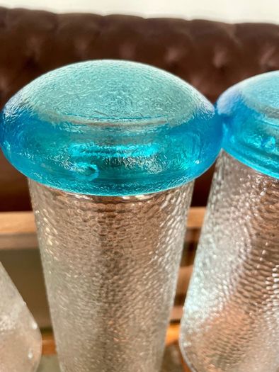 Set of Glass Genie Bottles with Turquoise Blue Flame Stoppers and Tall Containers with Mushroom Lids MCM Retro