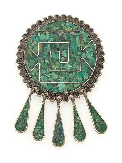 Vintage Mexican Signed 925 Sterling Silver Turquoise Inlay Brooch