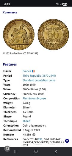 6 No. French 50 Centime Coins. Dates Sequence.