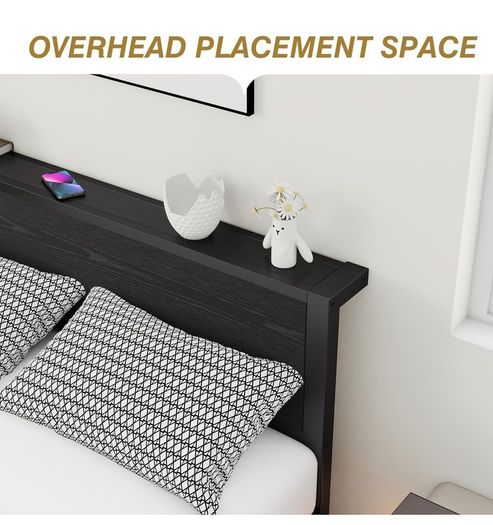 Double Bed Frame with Wooden Storage Shelf Headboard, Metal Platform Bed Frame Double Bed, No Box Spring Needed, Enhanced Support, Black