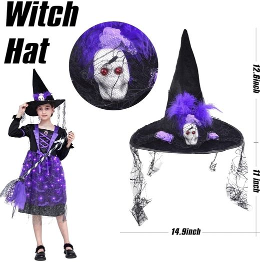 Witch costume with lights, Halloween, girl costume, carnival, cosplay, princess dress with witch broom and hat
