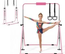 Gymnastic Bars for Kids, 63.5 kg Capacity Folding Training Kip Bar, Adjustable Height Gymnastic Horizontal Bar for Home, Training Equipment for Indoor and Outdoor, Easy to Assemble, Pink