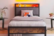 Single LED Lights,Metal Upholstered Platform Bed Frame with Charging Station