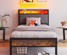 Single LED Lights,Metal Upholstered Platform Bed Frame with Charging Station