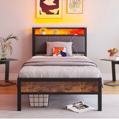 Single LED Lights,Metal Upholstered Platform Bed Frame with Charging Station