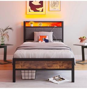 Single LED Lights,Metal Upholstered Platform Bed Frame with Charging Station
