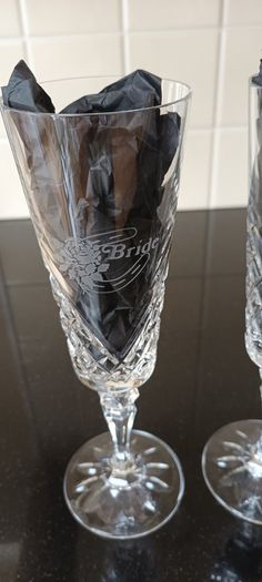 Pair of Galway Crystal Bride & Groom Champagne Flutes.