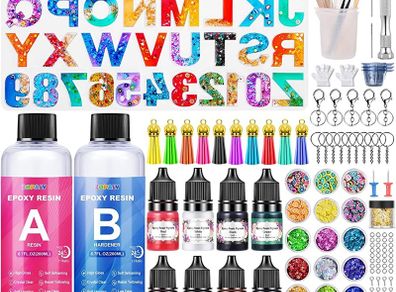 Epoxy Resin Kits for Beginners, 192 Pcs Letter Number Resin Moulds Silicone Keyring Making Kit, with 400ml Clear Resin, Resin Accessories/Pigment/Glitter Sequin/Gold Leaf/Keychain Tassels (FREE POSTAGE)