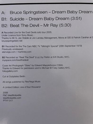 Bruce Springsteen / Suicide / Beat The Devil -  #1 Alan Vega 70th Birthday Limited Edition EP Series.