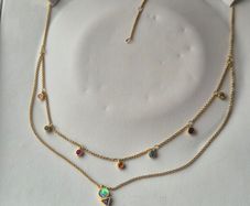 Original Thomas Sabo Charm Club necklace, S925 gold plated with multicolour stones, triangle charm & opal pendant.  Very good condition. Rare layered model.