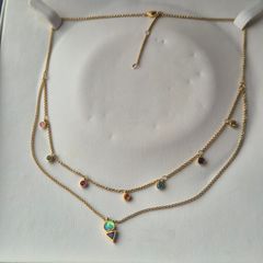 Original Thomas Sabo Charm Club necklace, S925 gold plated with multicolour stones, triangle charm & opal pendant.  Very good condition. Rare layered model.
