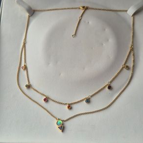 Original Thomas Sabo Charm Club necklace, S925 gold plated with multicolour stones, triangle charm & opal pendant.  Very good condition. Rare layered model.