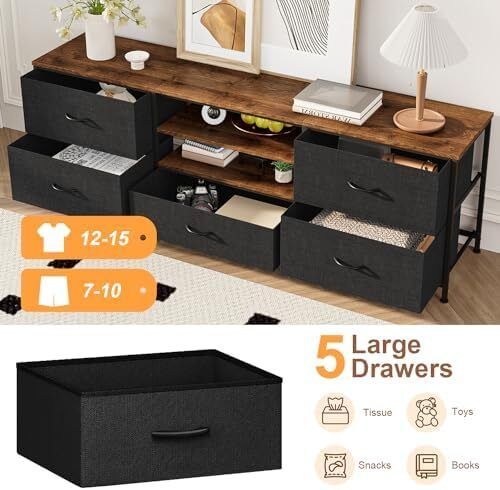 TV Stand Cabinet, TV Unit TV Console Table with 5 Drawers Storage Organizers, Entertainment Center with Open Shelf for Living Room, Bedroom (Black)