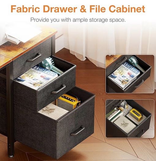 Computer Desk with Drawers Office Desk with Storage, Reversible Small Desks for Home Office Vintage Brown