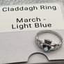 .925 Fine Claddagh Ring March Light Blue Size 6- 6 1/2. Image 2