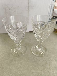 Stuart Crystal England Signed 2 Victoria Cut Ball Stem 4 1/2 inches Wine Glasses 1930
