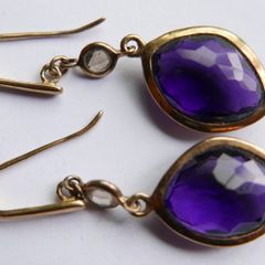 Vintage 925 Sterling Silver Gold Plated Amethyst Hook Drop Earringss