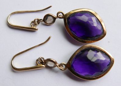 Vintage 925 Sterling Silver Gold Plated Amethyst Hook Drop Earringss