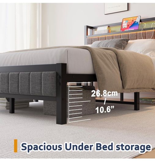 Single Bed Frame with Upholstered Headboard, No Box Spring Needed Wooden Storage Headboard Shelf, 3ft Upholstered Bed Frame with Charging Station/USB Ports and LED Lights (Gray Single Bed)