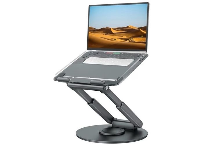 Telescopic Laptop Stand for Desk with 360 Swivel Base, Sit to Stand, Height Adjustable, Portable Riser Holder for Good Posture, Compatible with MacBook Pro, All Laptops 10-17"-Gray