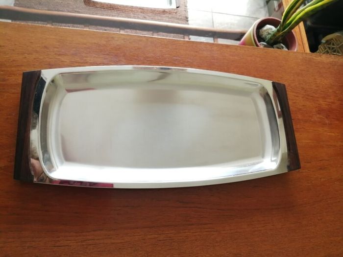 Vintage DKF Lundtofte Danish Stainless Steel Serving Dish Teak Handles