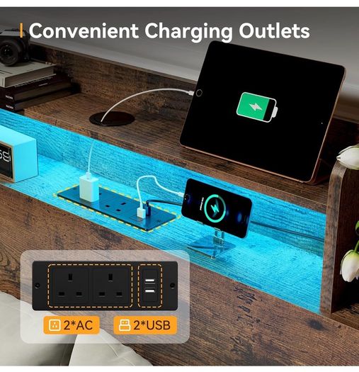 Double Bed Frame with Charging Station(2AC, 2USB) and LED, 135x190 Open Storage Shelves, Wooden Headboard, Metal Small Double Bed Frame with Underbed Storage, Strong Metal Slat Support