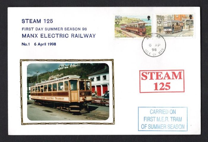 1998 Isle of Man Cover showing First Day Summer season 98 Manx Electric Railway No 1 6th April 1998 tying 10p & 13p 20p definitive Stamp with Douglas cancel and bot Steam 125 & Carried on First MET Tram of Summer Season cancel