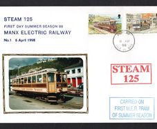 1998 Isle of Man Cover showing First Day Summer season 98 Manx Electric Railway No 1 6th April 1998 tying 10p & 13p 20p definitive Stamp with Douglas cancel and bot Steam 125 & Carried on First MET Tram of Summer Season cancel