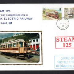 1998 Isle of Man Cover showing First Day Summer season 98 Manx Electric Railway No 1 6th April 1998 tying 10p & 13p 20p definitive Stamp with Douglas cancel and bot Steam 125 & Carried on First MET Tram of Summer Season cancel