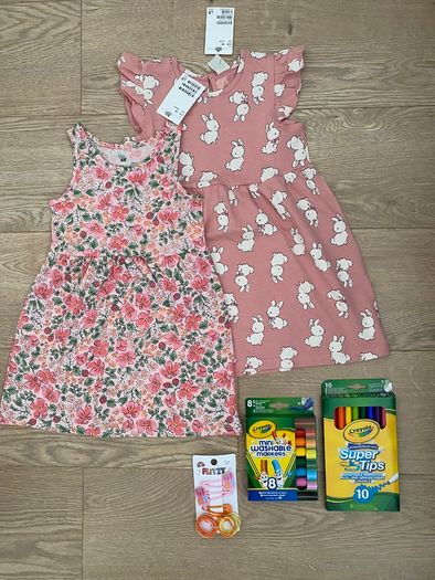 HM girls dresses crayola markers hair clips