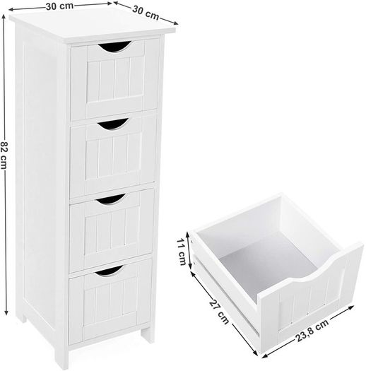 Bathroom cabinet, narrow wooden bathroom cabinet with 4 drawers, 30 x 30 x 82 cm, living room, bedroom, hallway, deep, free-standing, space-saving, white