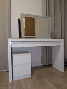 Vanity Table with topped glass, LED Vanity Mirror & locker