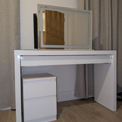 Vanity Table with topped glass, LED Vanity Mirror & locker
