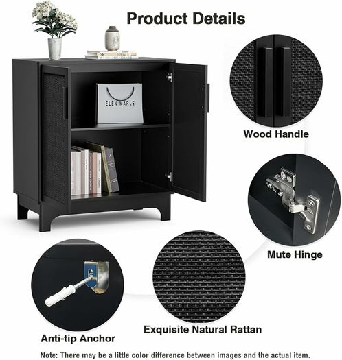 Black Sideboard for Living Room Rattan Buffet Storage Cabinets with Adjustable Shelves, Magnetic Closure, Accent Cabinet Cupboard for Kitchen Hallway Dining Room Furniture 80 x 40 x 89 cm