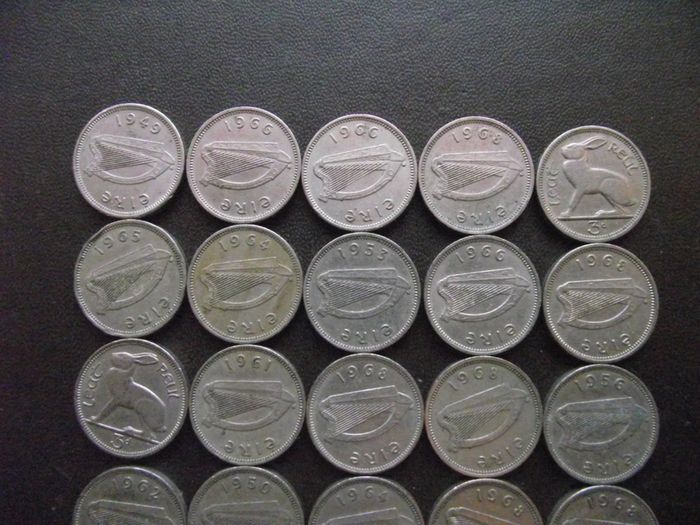 30 Irish 3 pence coins (1942-1968)