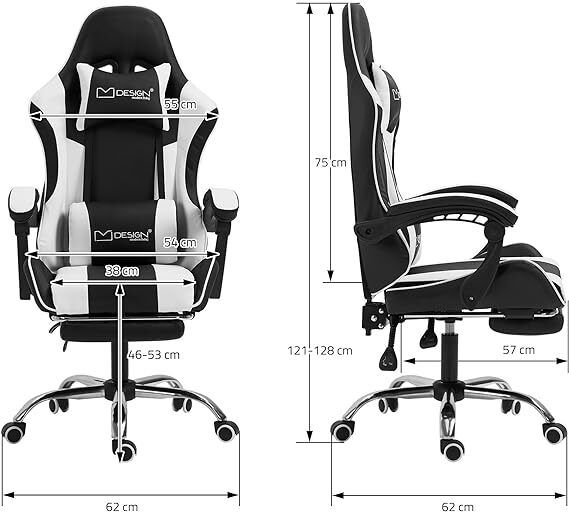 Gaming chair with massage function and footrest  aming Chair, Black/White, PU Leather, Ergonomic Office Chair, Adjustable Swivel Chair, Racing Gamer Chair with Armrest, Headrest, Lumbar Cushion, Footrest, Desk Chair