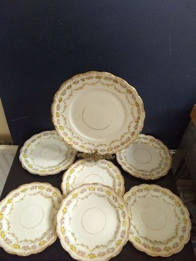 Lovely Set of Six Vintage Shabby Chic Floral Tea Plates and Matching Cake Plate by Rose China AD1820, Manchester,  in Delicate Floral Swags Pattern with Yellow and Pink Roses