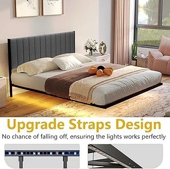 Double Bed Frame with Upholstered Headboard, 4ft6 Floating Bed Frame with Charging Station and LED Light, Metal Slats Support, No Box Spring Needed,Gray Double Bed