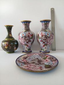 Vintage Chinese Cloisonne vases and plate